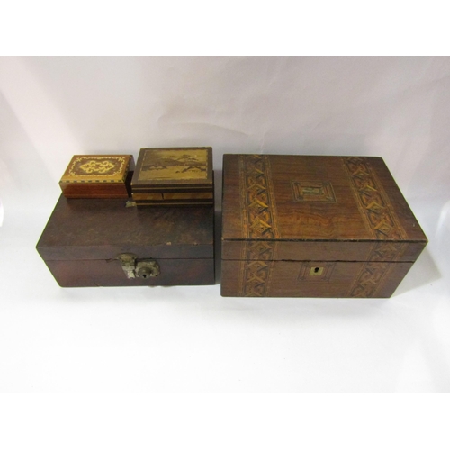 4353 - Four various boxes to include marquetry example, a box with secret drawer etc