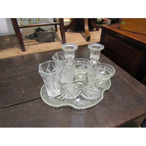 4363 - A selection of cut glass including candlesticks, vases and boxed BB Glass clear/blue glass vase