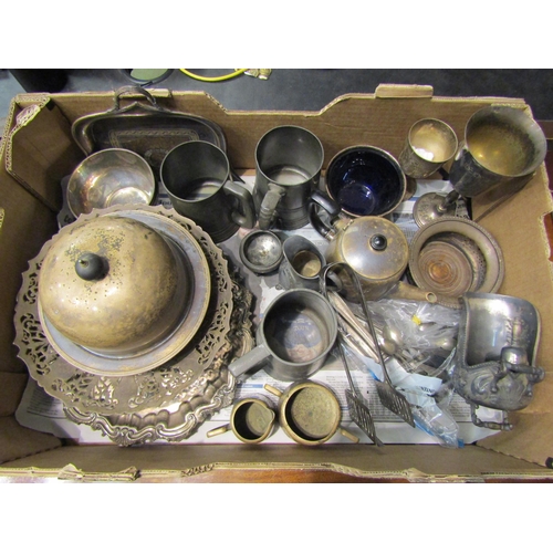 4518 - A box of mainly plated wares including muffin dish, wine coaster, teapot, pewter tankards, a/f