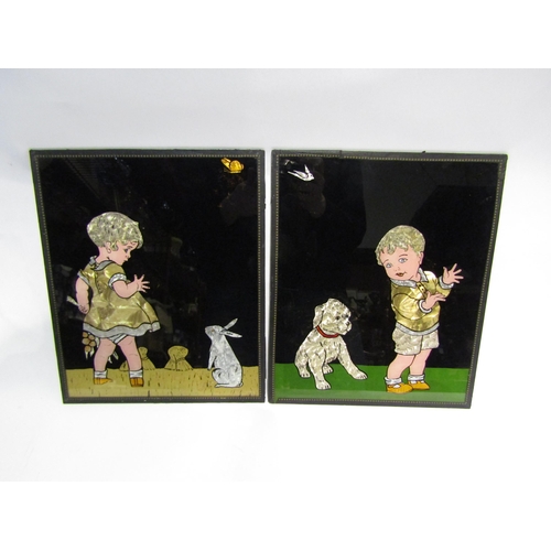 4539 - Two foil pictures depicting children with animals, 30cm x 25cm