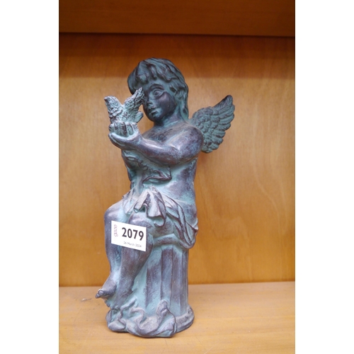 2079 - A Verdegris bronze style garden figure of an angel with bird