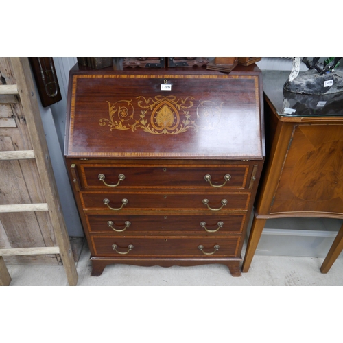 2092 - A late Victorian mahogany bureau with inlaid full flap, fitted interior, four long drawers out swept... 