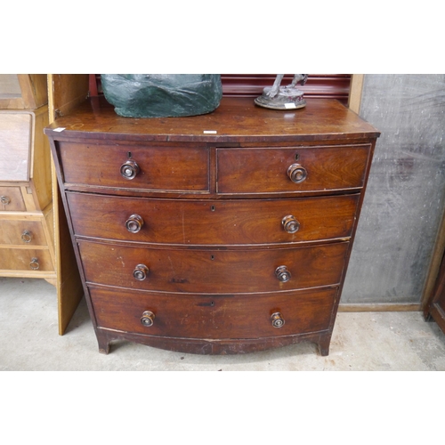 2108 - A Victorian mahogany bow front two over three drawer, mother of pearl buttons