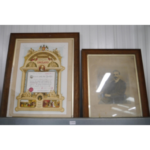 2131 - An oak framed certificate of the Royal Ancediluvian order of Buffaloes - Earl of Bigod - Charles Ric... 