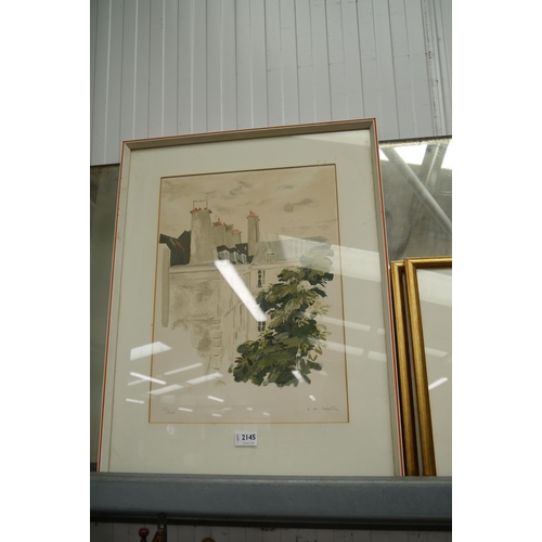 2145 - A limited edition print, roof tops, framed and glazed 49 x 35cms 163/200 pencil signed by artist low... 