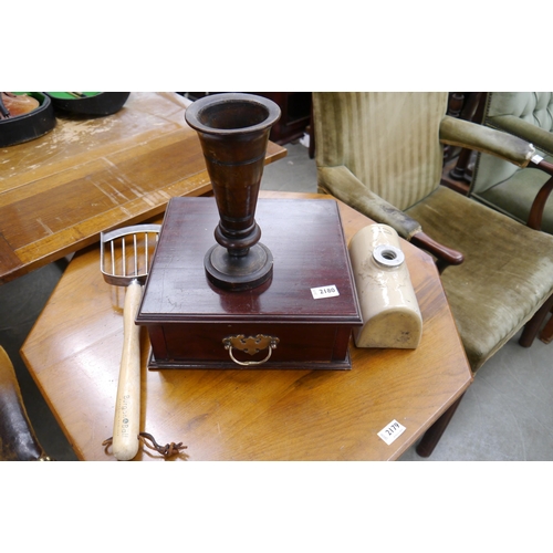 2180 - A mahogany single drawer unit, vessel, water bottle and scoop