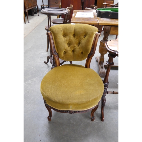 2187 - A pair of Victorian walnut bedroom chairs, carved detail, mustard velour upholstery