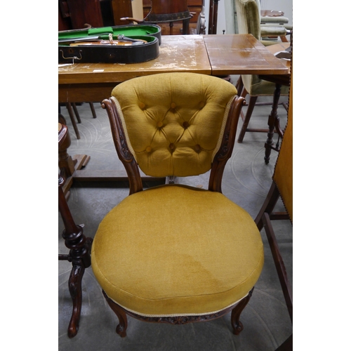 2187 - A pair of Victorian walnut bedroom chairs, carved detail, mustard velour upholstery