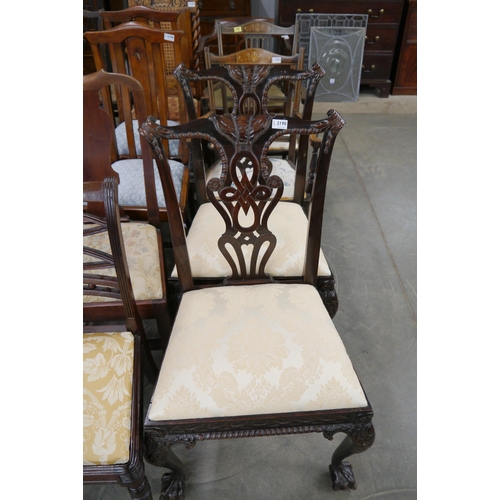 2190 - A pair of Edwardian mahogany dining chairs, one missing spandrel