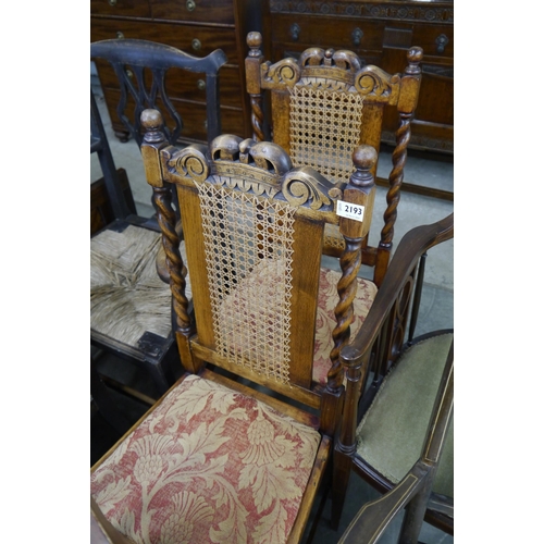 2193 - Two 1920's oak barley twist chairs    (R) £10