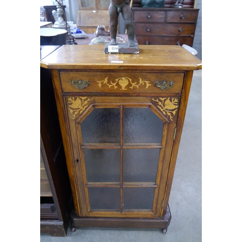 2215 - An Edwardian inlaid walnut cabinet, single drawer, frosted glass, single door, plinth base