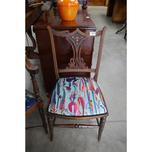 2219 - An Edwardian inlaid bedroom chair carved back splat, turned legs