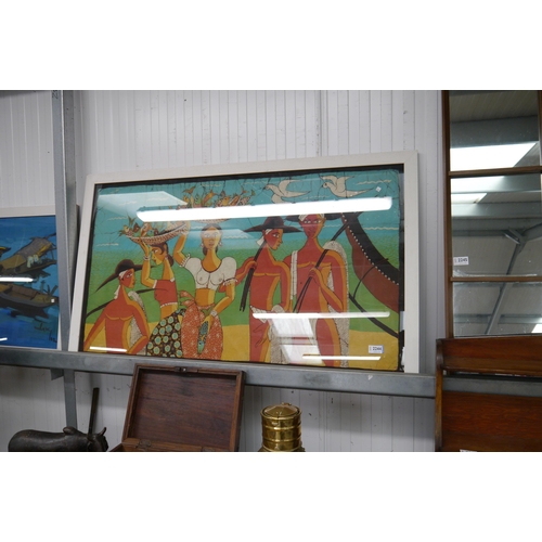 2244 - A cloth image of native in seashore scene, framed and glazed, 64cm x 110cm