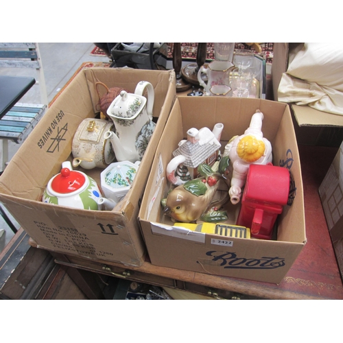 2422 - Two boxes of novelty tea pots including Trotters Independent trading and English telephone box   (R)... 