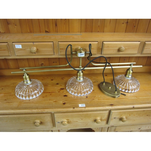 2443 - A brushed bronze, three arm kitchen ceiling light with glass shades