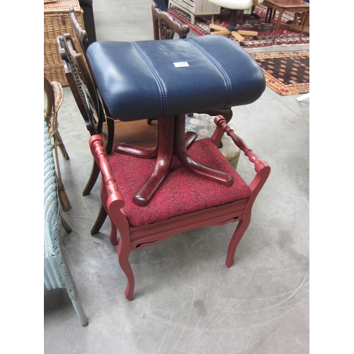 2475 - An Edwardian piano stool, painted puce and a blue leather topped stool, outswept legs (2)