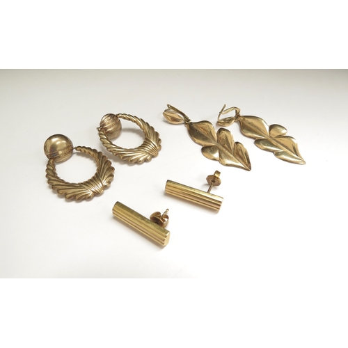 7383 - Three pairs of 9ct gold earrings, including leaf shaped examples, 14.5g