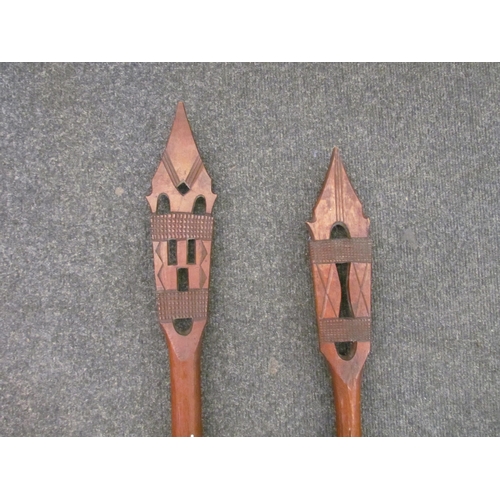 1494 - Two West African carved paddles, pierced geometric design, one a/f, 171cm & 154cm