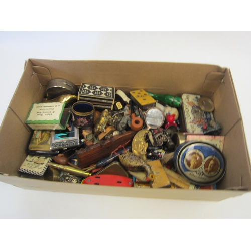 A box containing miscellaneous curios including penknives, thimbles
