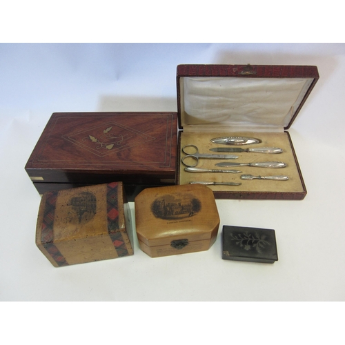 1371 - Two treen boxes, a cased vanity set marked 925 and a hardwood brass inlaid jewellery box and snuff b... 