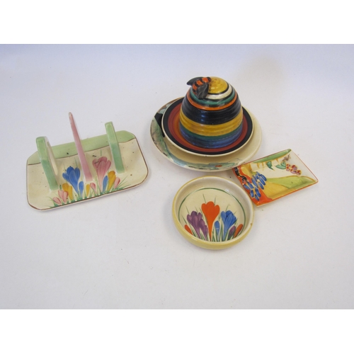 1376 - Six pieces of Clarice Cliff including honey pot, 