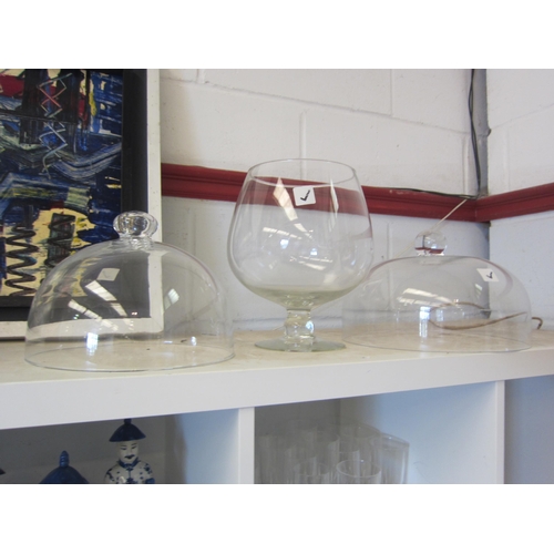 1398 - An oversized brandy balloon, 24cm tall and a graduated pair of clear glass food covers