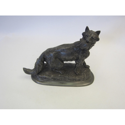 1399 - A spelter sculpture of a fox with its catch, after Chemin, 16.5cm high