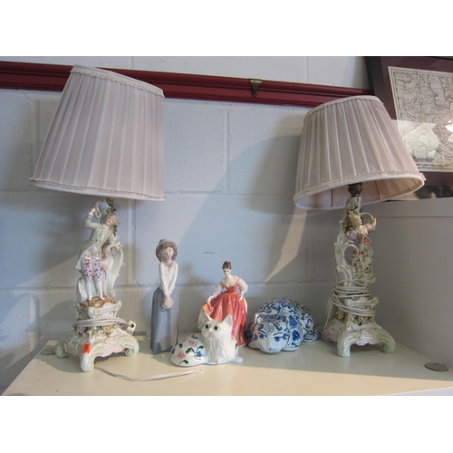 1423 - A pair of Continental floral lamps, Royal Doulton lady, Lladro figure (a/f), etc