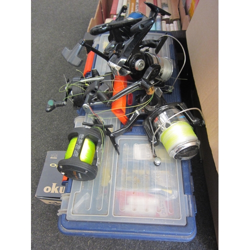 1509 - Assorted fishing equipment and materials, comprising reels to include Okuma Classic CLX and Impact I... 