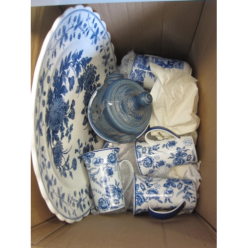 1543 - A box of blue and white ceramics including floral design charger, jugs, plates etc.      (Group)