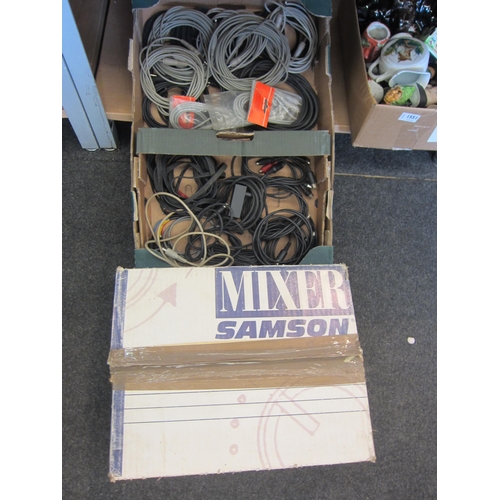 1550 - A Samson MPL 1502 mixer in original box and a box of miscellaneous audio leads etc