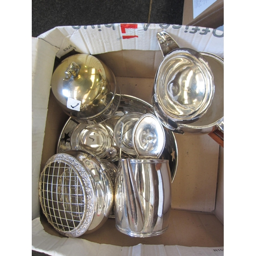 1552 - A box of miscellaneous plated wares to include teapots, rose bowl, asparagus tongs, etc.