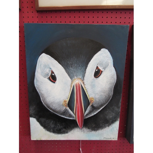 1069 - D. KENNETH: Oil on canvas depicting a front-on image of a puffin.  Signed and dated '14 lower right.... 