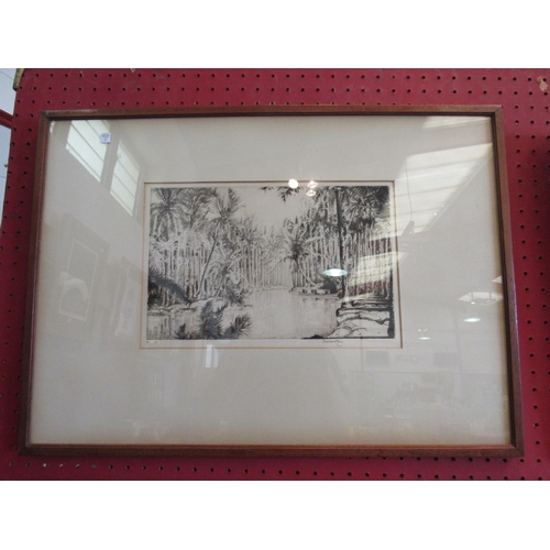 1070 - An etching by Charles W. Cain of a tropical river scene with palm trees.  Framed and glazed.  17.5cm... 