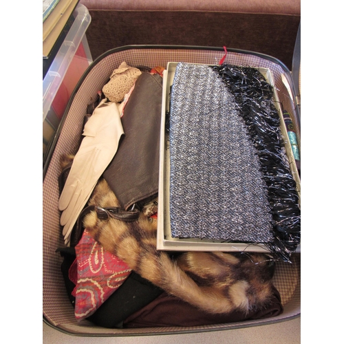 1126 - A suitcase and two boxes containing mostly assorted vintage fashion including scarves, gloves, frame... 