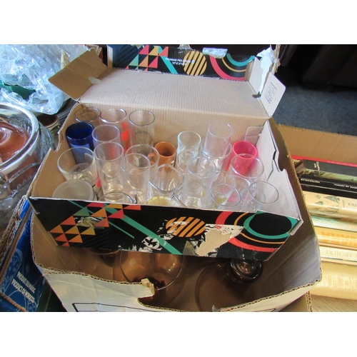 1129 - Three boxes of assorted drinking glasses including shot and assorted pint glasses.  Also a modern mi... 