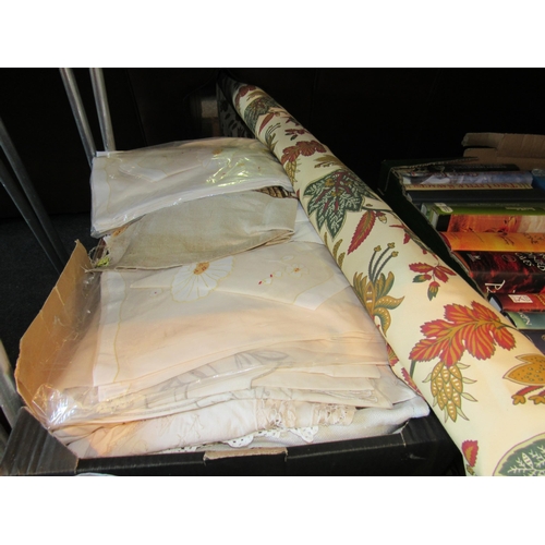 1139 - Two boxes of assorted linens and embroidery and a bag of mid 20th Century fabric remnants together w... 