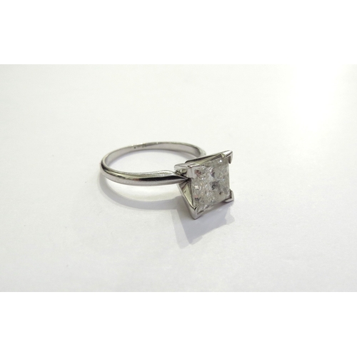 7384 - A square cut diamond solitaire 7mm x 7mm, carbon spots and fissures can be seen with naked eye, shan... 