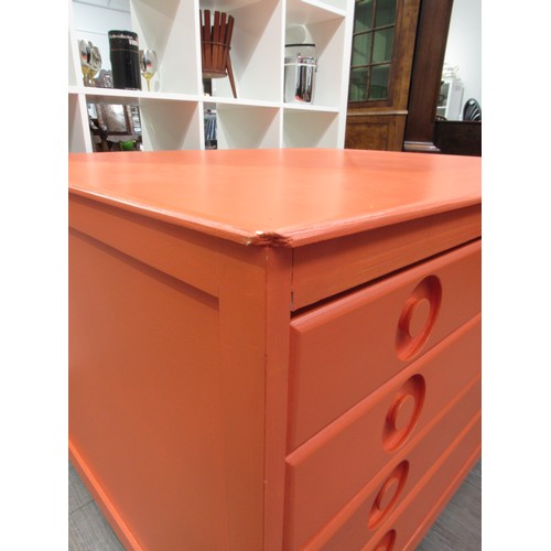 2278 - An orange painted four drawer Plan chest in Beech ply, with inset handles and set of four castors. 1... 