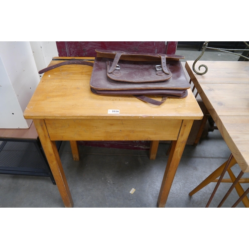 2285 - A 1950's beech school desk with lift top and a leather satchel