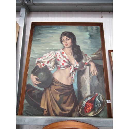 2231 - A 1970's oil on canvas of a saucy looking lady and fish       (R) £60