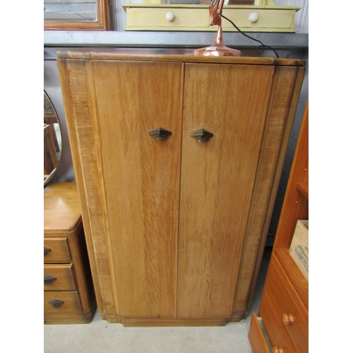 2258 - A 1940's Deco walnut bedroom set of wardrobe, dressing table and an oak stool