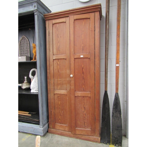 2276 - A Victorian pitch pine school twin door cupboard, shaped cornice, plinth base, porcelain knop