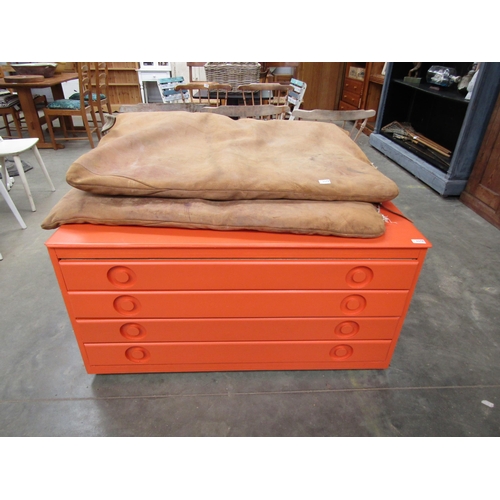 2278 - An orange painted four drawer Plan chest in Beech ply, with inset handles and set of four castors. 1... 