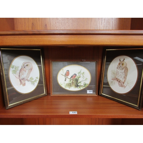 2308 - Three Birds prints to include, long eared owl, pair of Finches on branch, all framed and glazed     ... 