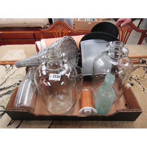 2326 - A box of bottles and glass ware, top hats, cues etc