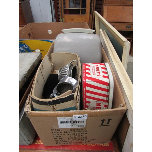 2328 - A box of miscellaneous to include Murphy Richard iron,  Hanimex projecter, etc