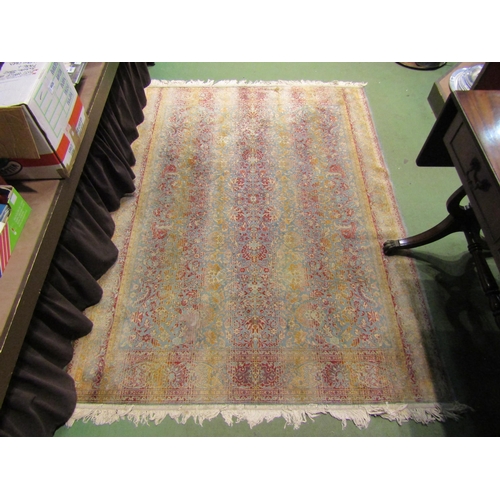 4003 - A teal ground silk rug, foliate stripe, flanked by deep border, tasselled ends, 188cm x 140cm