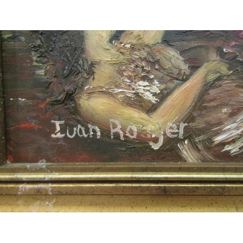 4014 - IUAN ROAGER: An oil on canvas of classical scene, signed lower left, dated 1999, gilt framed, 45cm x... 