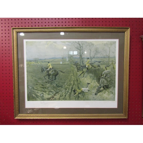 4027 - Two pencil signed Lionel Edwards colour prints depicting people on a hunt, gilt framed. 38cm x 52cm ... 